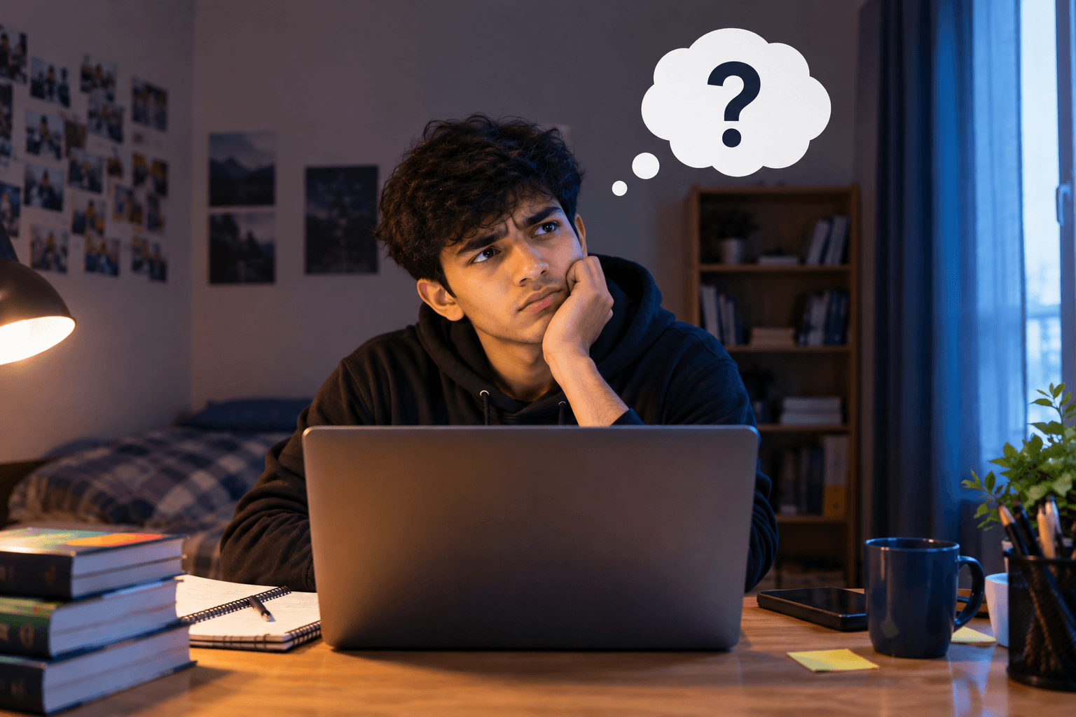 A student at a desk, unsure which course to pick