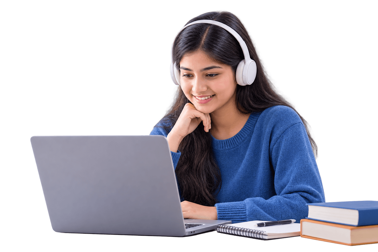 Student learning online with headphones and a laptop
